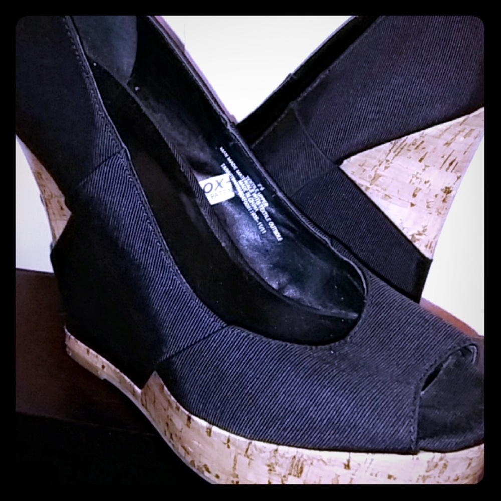 Black and cork wedge heels